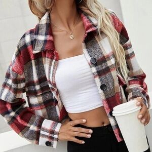 Women's Plaid Cropped Shacket - Red and Brown | S